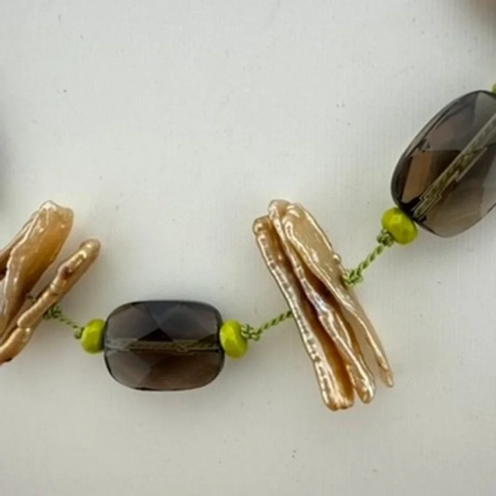 Biwa Pearl Smoky Quartz Necklace Champagne Stone Hand Knotted Toggle Artisan